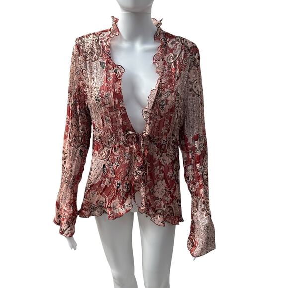 Notations Clothing Co Tops - Vtg Notations Womens Sz XL Y2K Scarf Print Babydoll Fairy Top Sheer Layering Tie